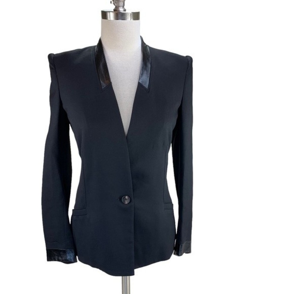 Helmut Lang Silk Blend Leather Trim Lapelless Black Blazer Jacket 0 Collarless
